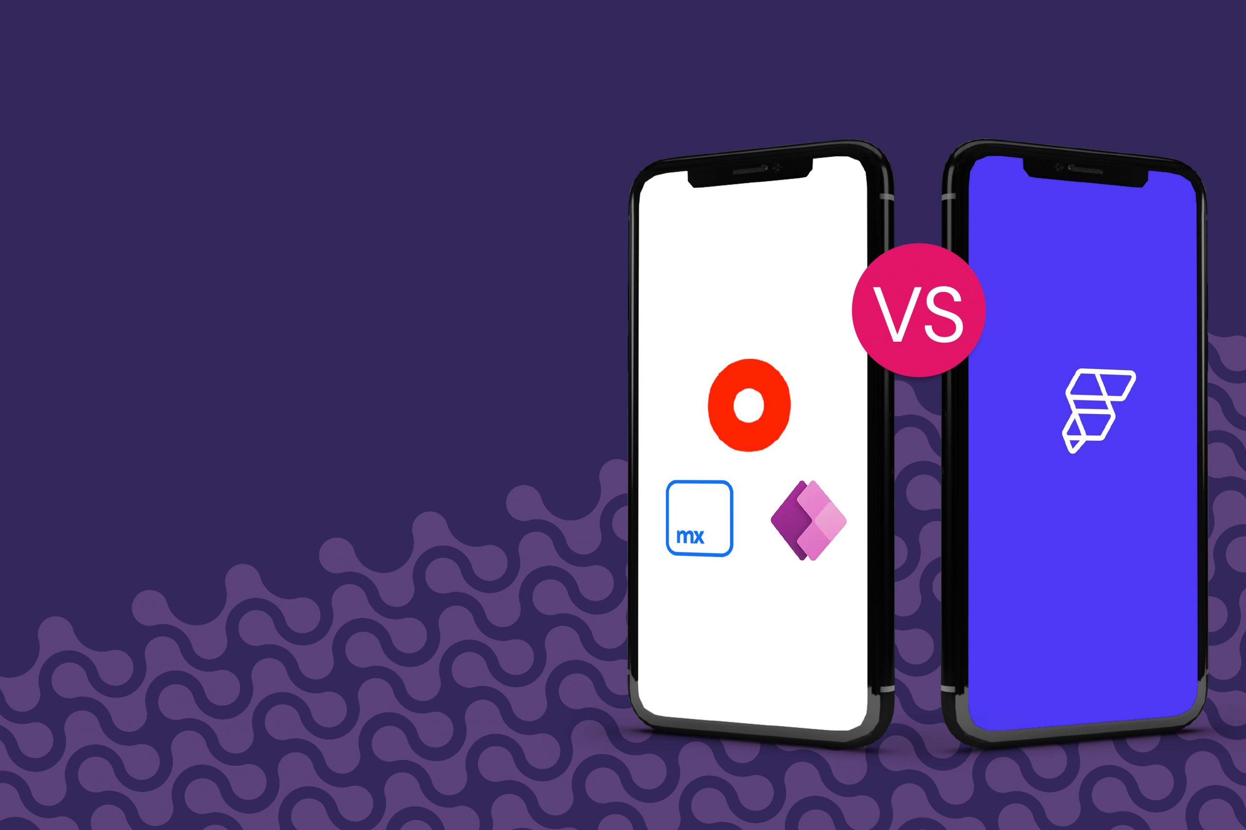 Mobile device displaying low-code platforms like OutSystems, Mendix and Microsoft power Apps VS Mobile device displaying low-code framework like FlutterFlow