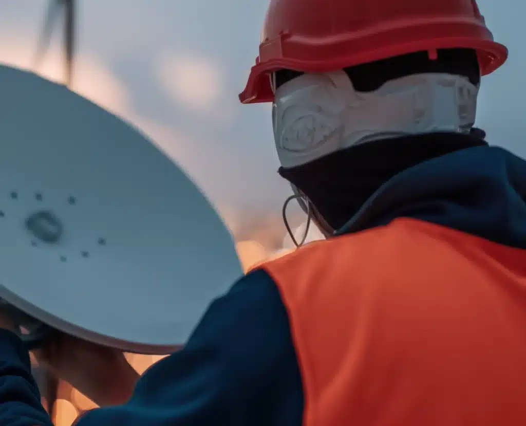 Technician installs a satellite dish
