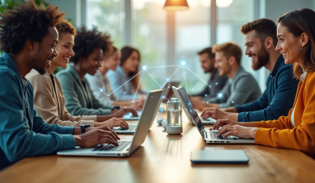 Startup team collaborating in a modern office, using AI and automation tools to transform ideas into execution