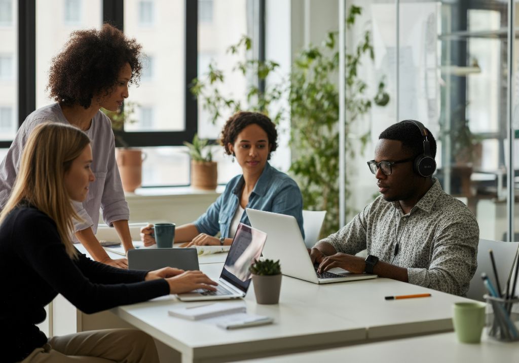 Startup team collaborating with laptops in a modern office, using smart software and automation to solve problems efficiently.