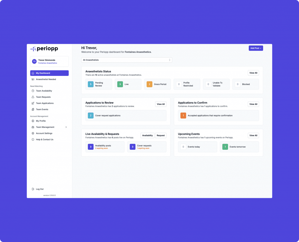 Perioperative Scheduling and Collaboration Web App Dashboard Screen