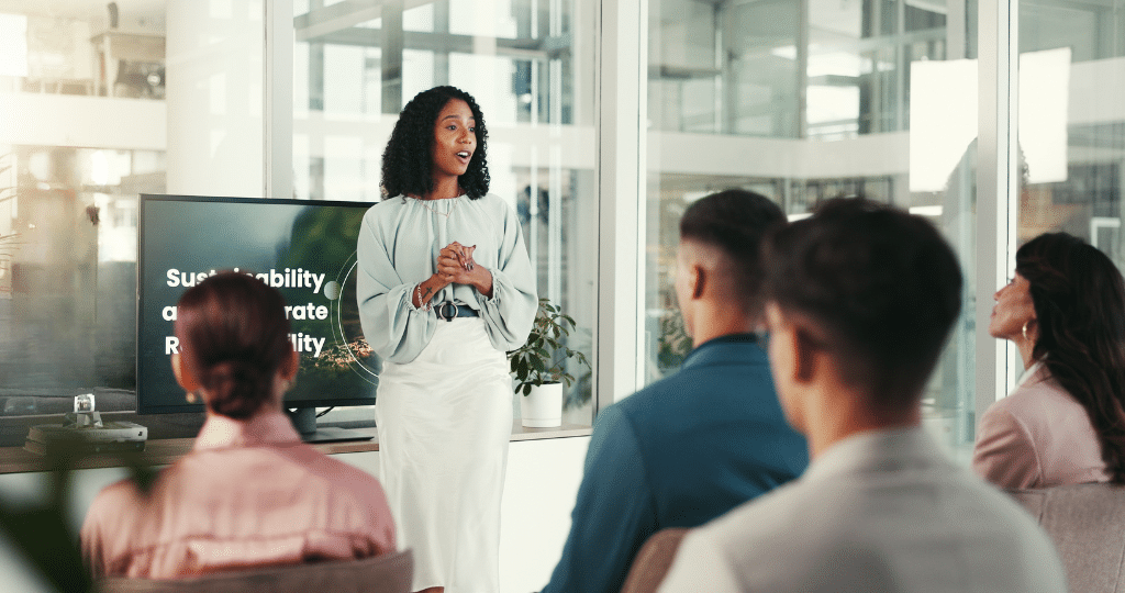 Businesswoman presenting how GenAI is helping enterprises outpace competitors