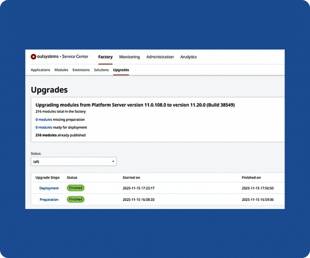 OutSystems Platform Upgrade screen for SMD