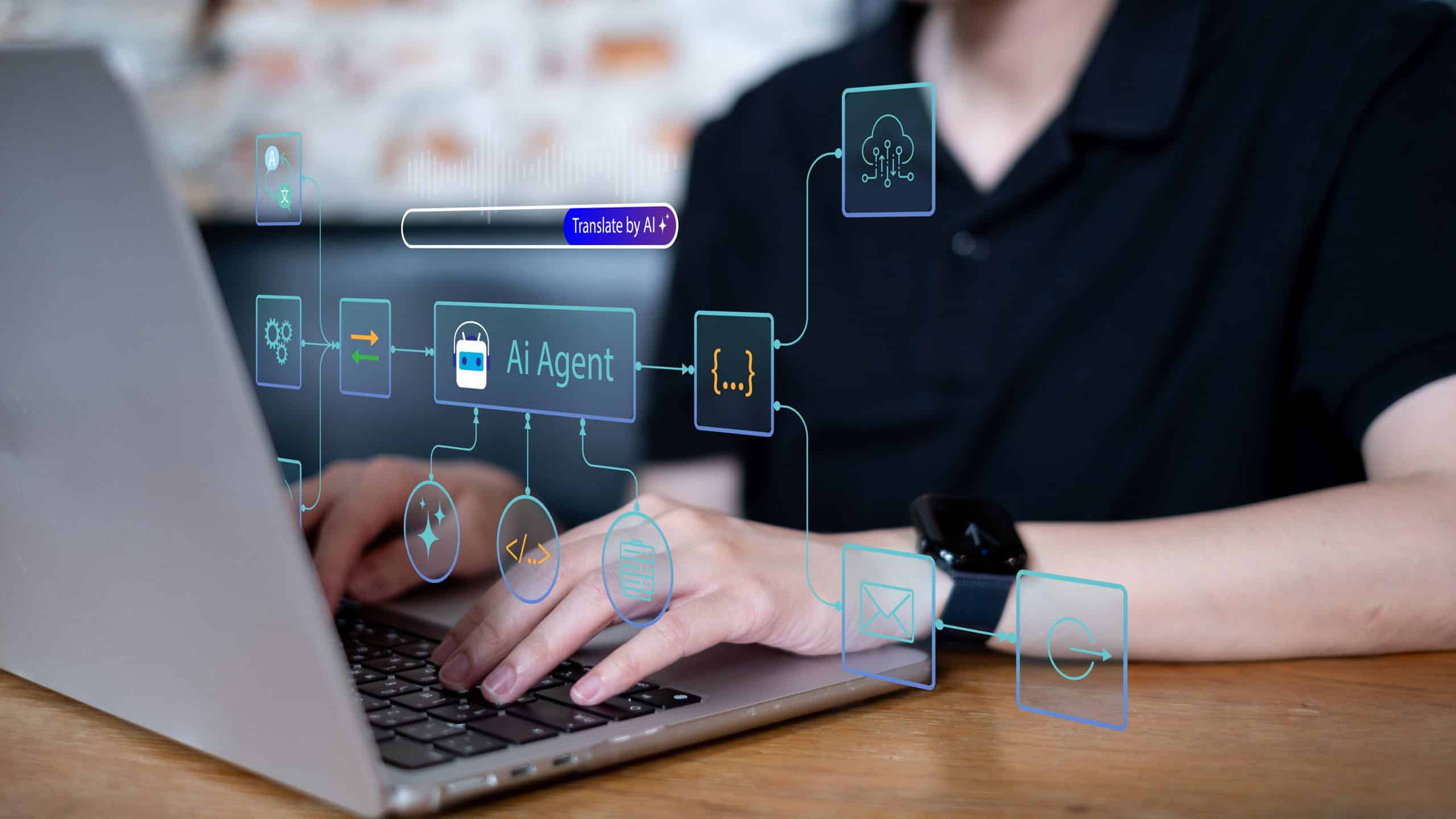 Person using a laptop with an AI agent interface connected to cloud, data, automation, and communication systems.