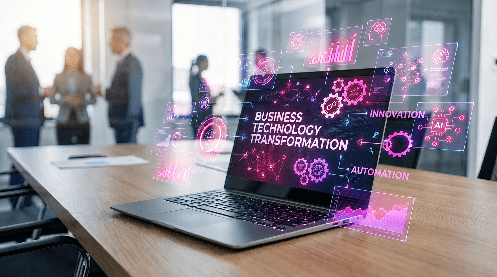 Laptop displaying "Business Technology Transformation" with AI, automation, and innovation icons in a corporate boardroom setting, representing the journey of Intelligent Transformation in enterprise organisations.