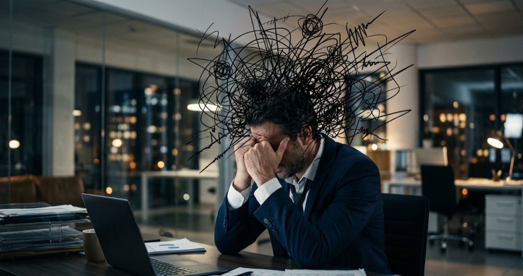 Stressed enterprise executive holding his head at his desk, surrounded by chaotic scribbles symbolising transformation fatigue