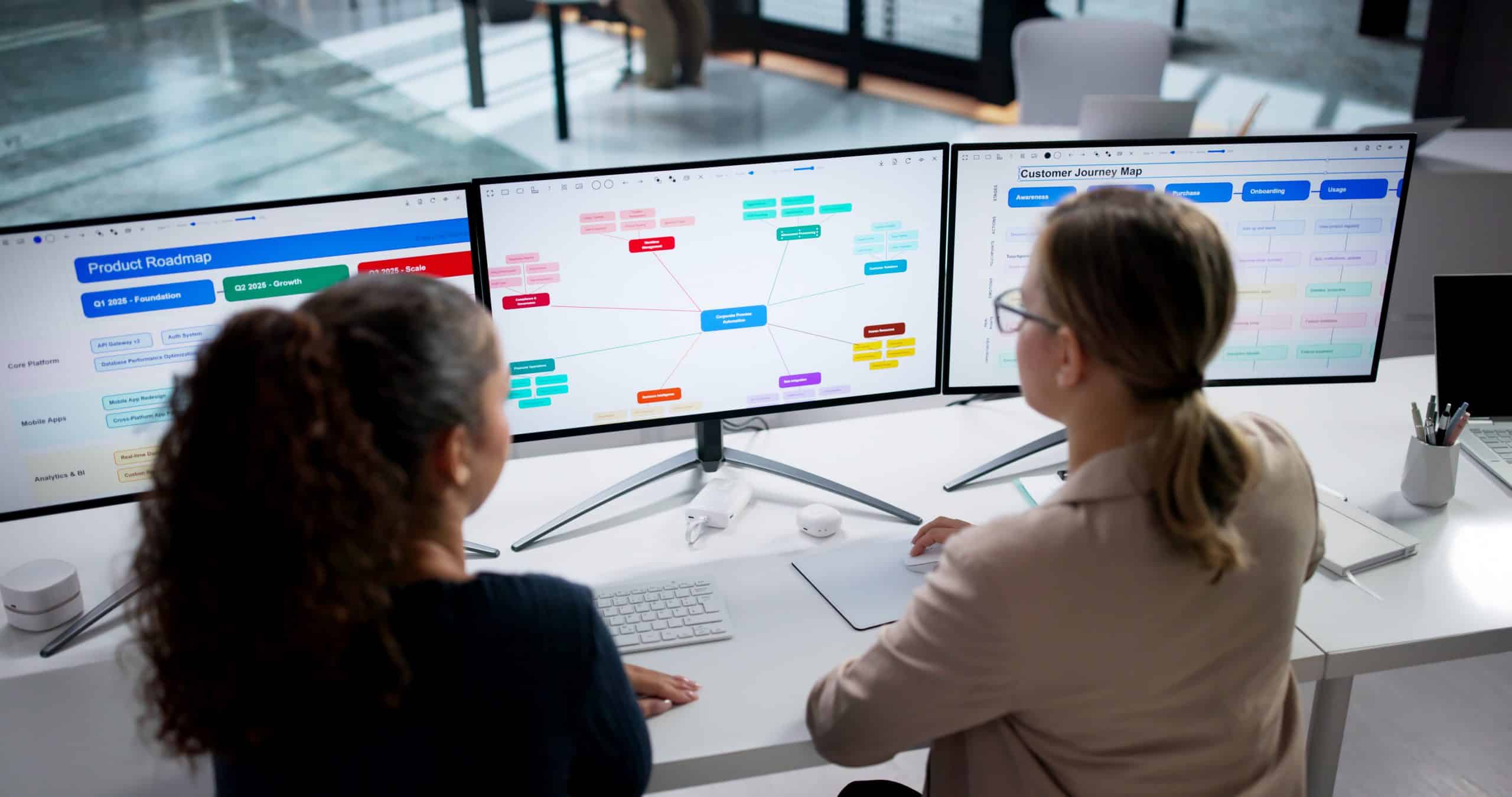 Two colleagues reviewing a customer journey map and product roadmap on desktop monitors during a user journey mapping session.